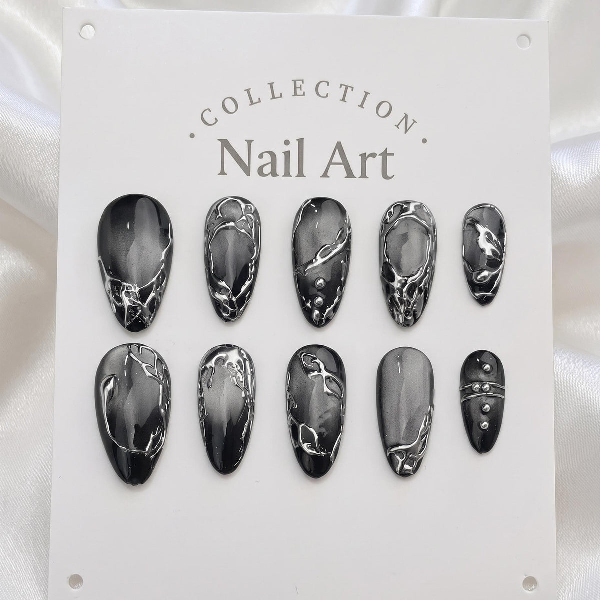 Black and Silver Liquid Metal Swirl Press On Nails
