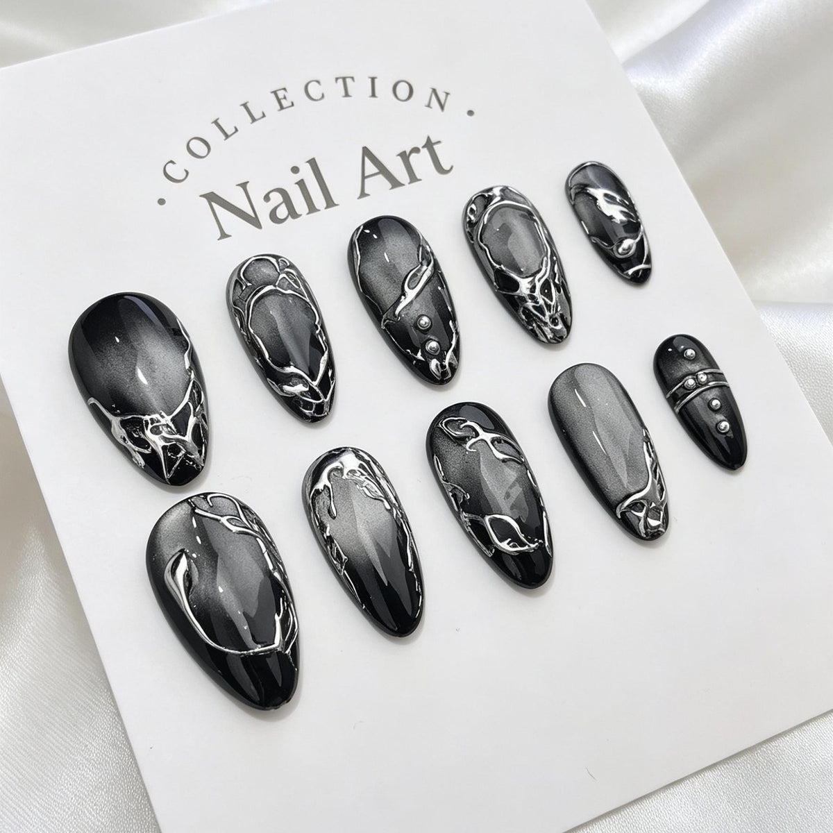Black and Silver Liquid Metal Swirl Press On Nails