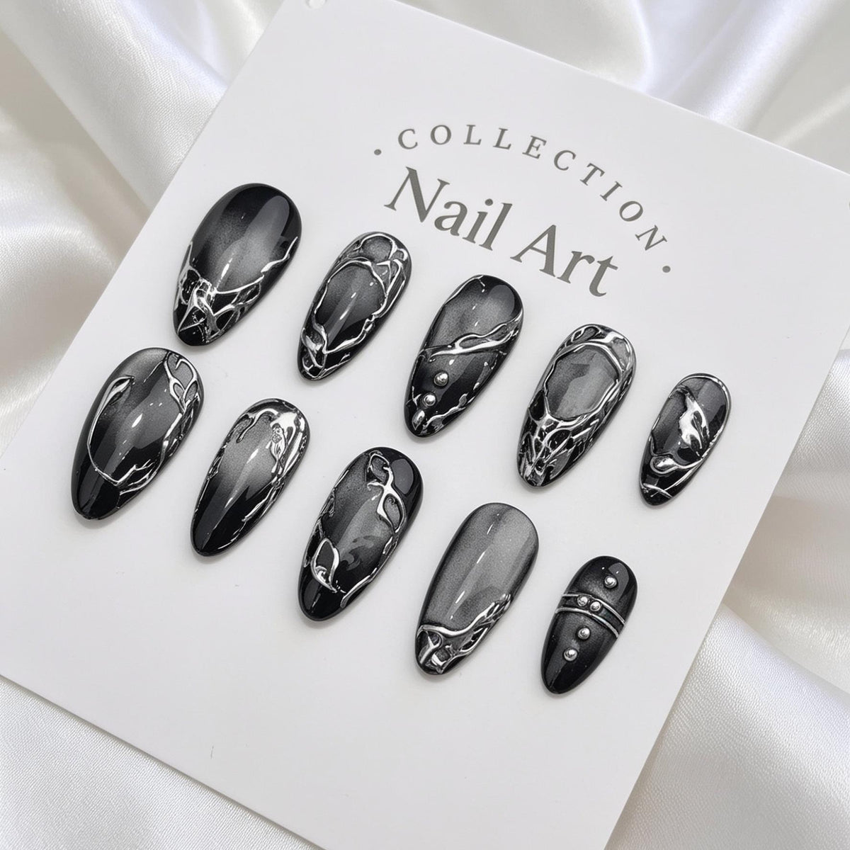 Black and Silver Liquid Metal Swirl Press On Nails