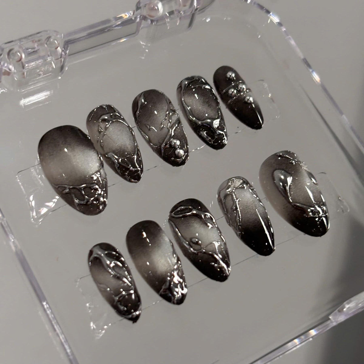 Black and Silver Liquid Metal Swirl Press On Nails