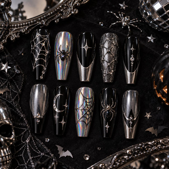 Black and Silver Spiderweb Halloween Press-On Nails with Moon & Star Details