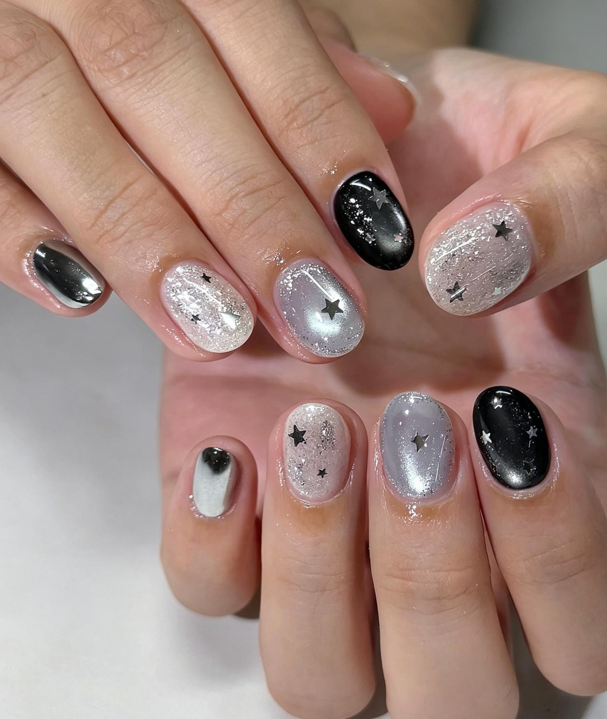 Black and Silver Star Glitter Press On Nails