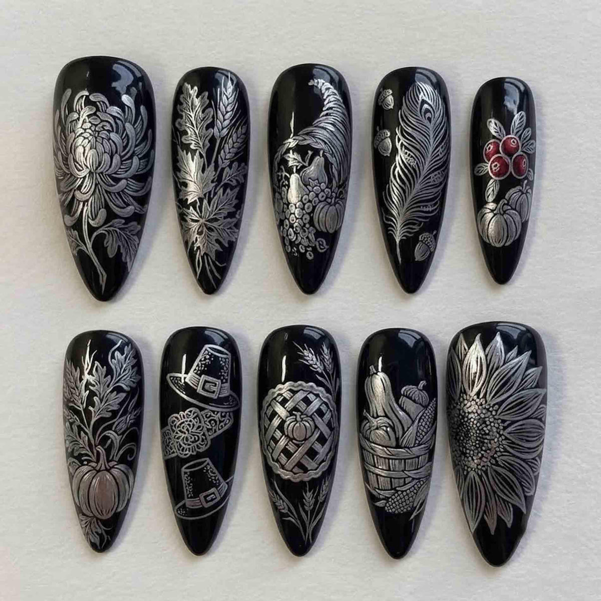 Black and Silver Thanksgiving Harvest Press On Nail Set