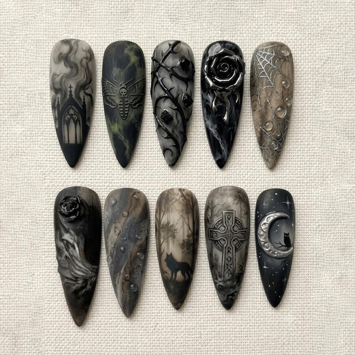 Black and Smoky Gray Gothic Press On Nail Set With Cathedral, Moth, Roses and Celestial Motifs