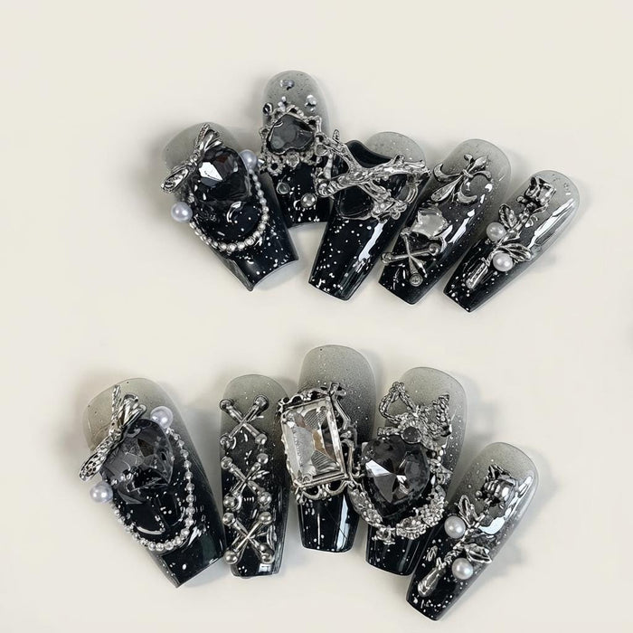 Black and Smoky Gray Gothic Press On Nails with Silver Charms, Pearls, and Rhinestones