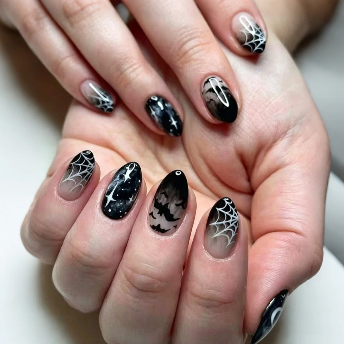 Black and Smoky Gray Halloween Spiderweb and Bat Press On Nails