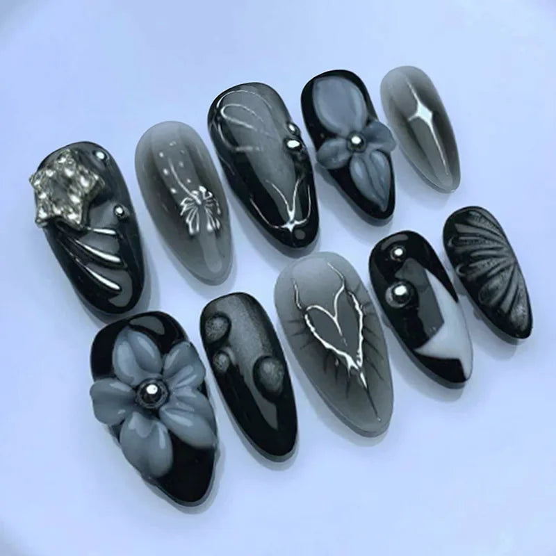 Black and Smoky Grey Floral Nail Set with Silver Line Art and Jewels
