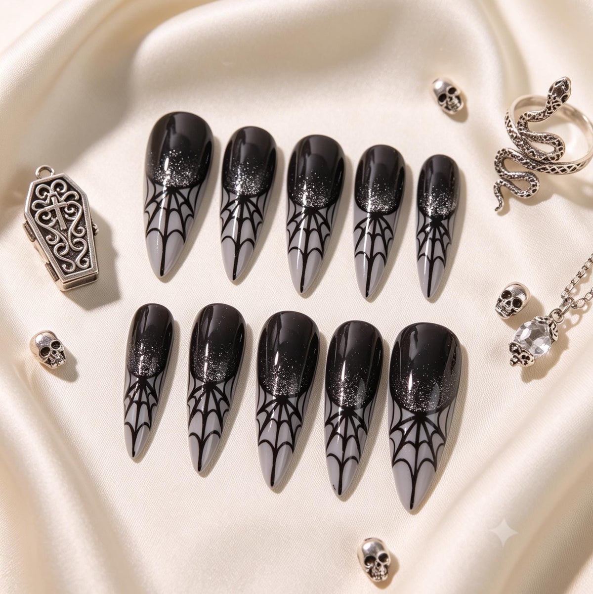 Black and Smoky Grey Spiderweb Glitter Halloween Press-On Nail Set