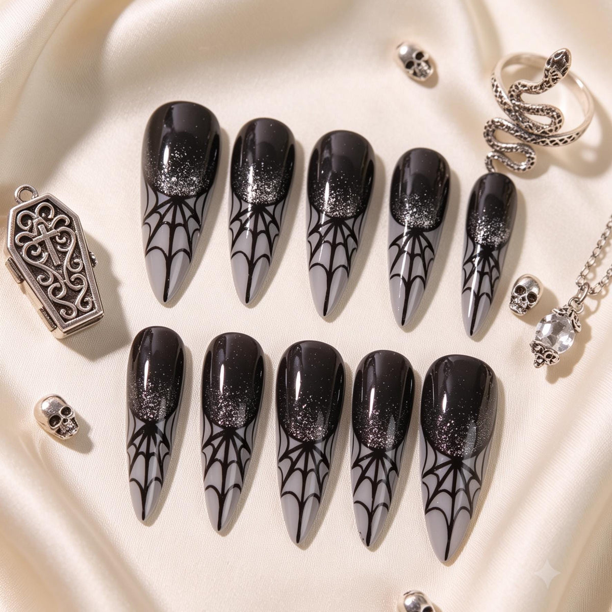 Black and Smoky Grey Spiderweb Glitter Halloween Press-On Nail Set