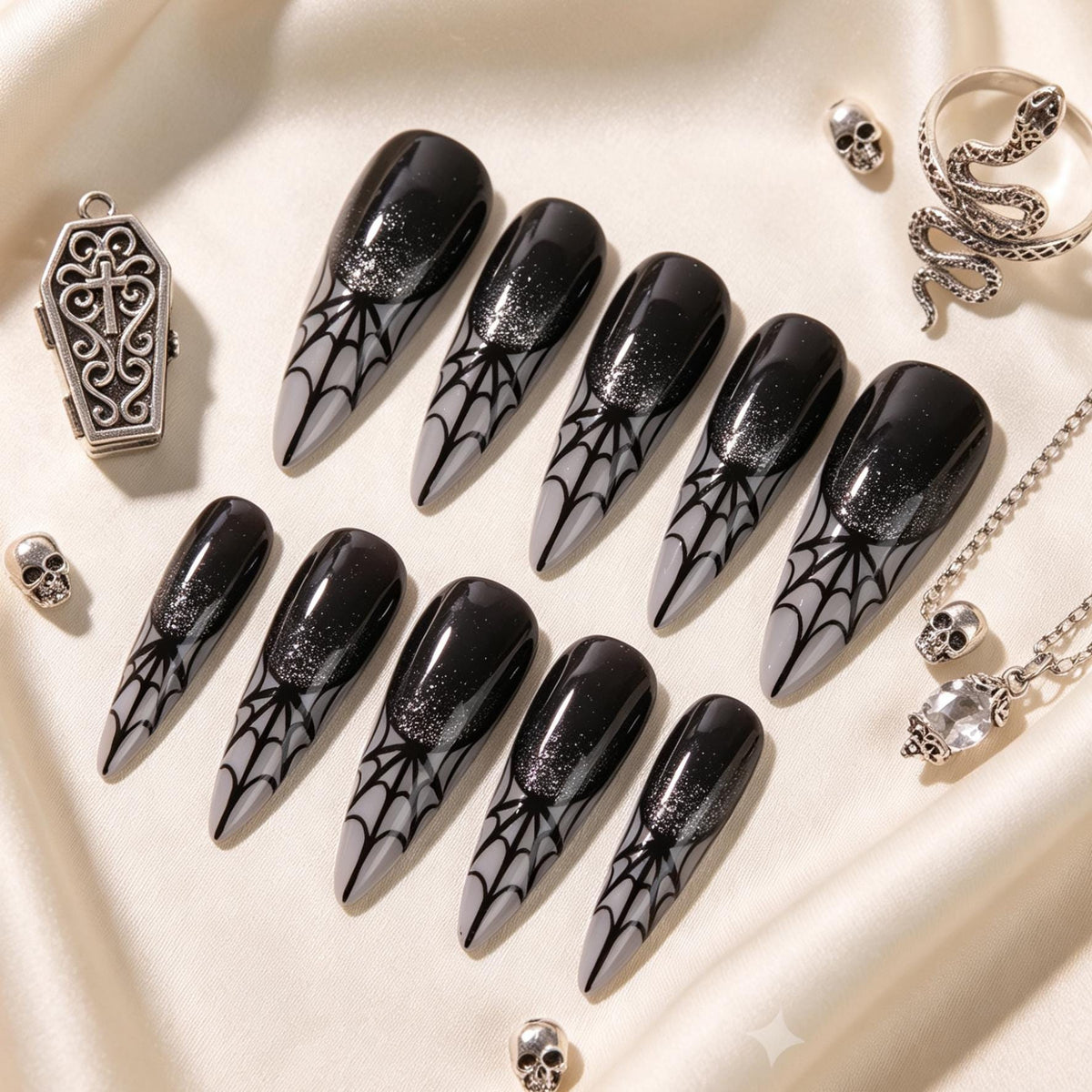Black and Smoky Grey Spiderweb Glitter Halloween Press-On Nail Set
