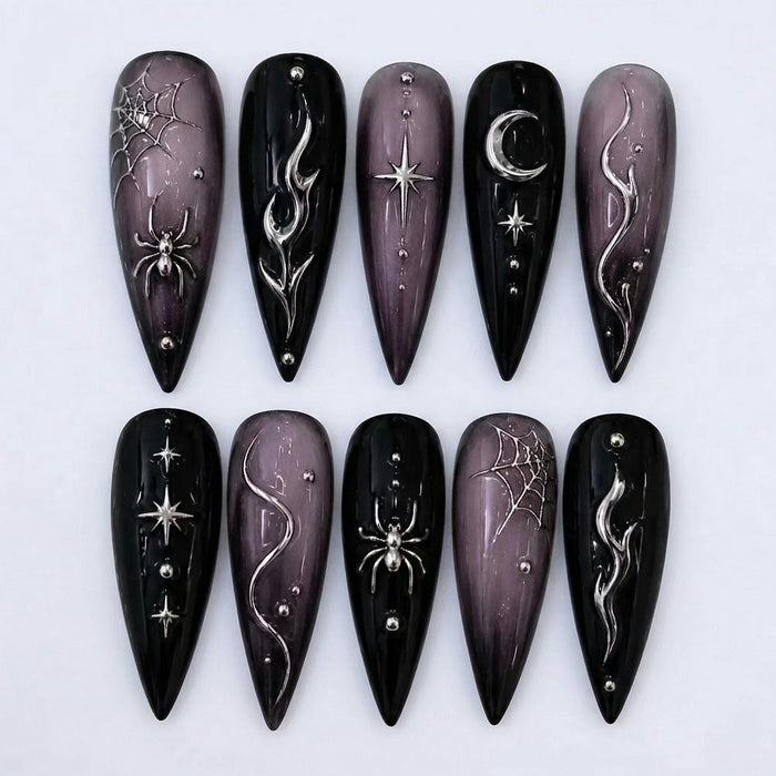 Black and Smoky Mauve Halloween Press On Nails with Silver Spiders, Webs and Celestial Details