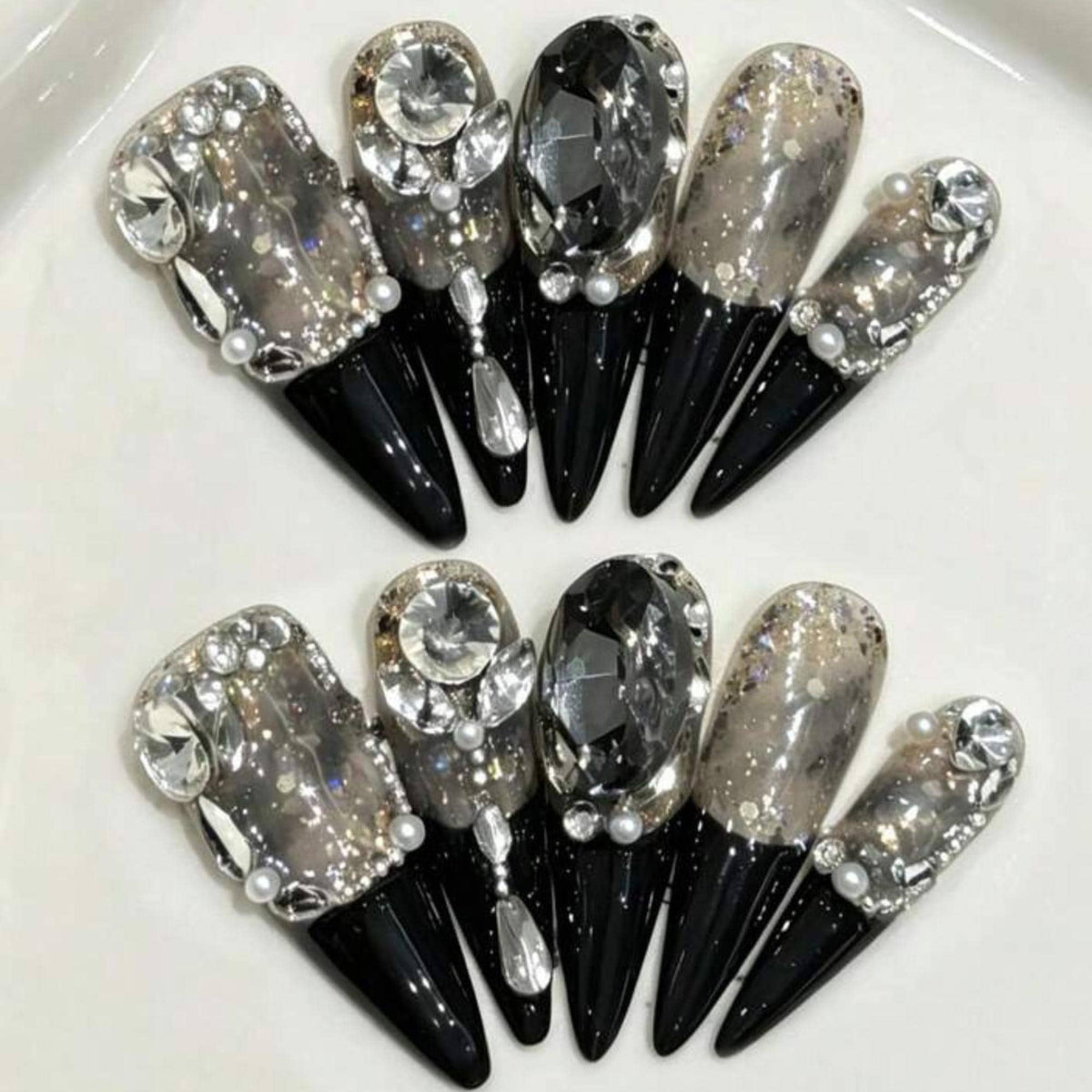 Black and Smoky Silver Glitter Nails with Rhinestones and Pearl-Like Beads
