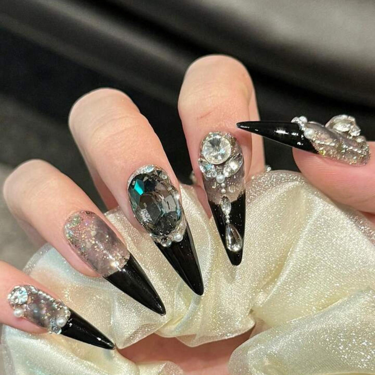 Black and Smoky Silver Glitter Nails with Rhinestones and Pearl-Like Beads
