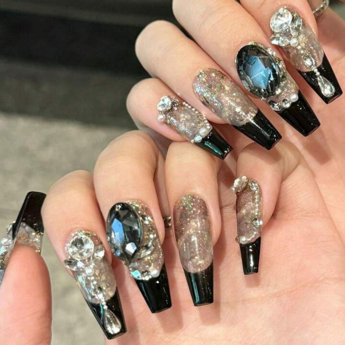 Black and Smoky Silver Glitter Nails with Rhinestones and Pearl-Like Beads