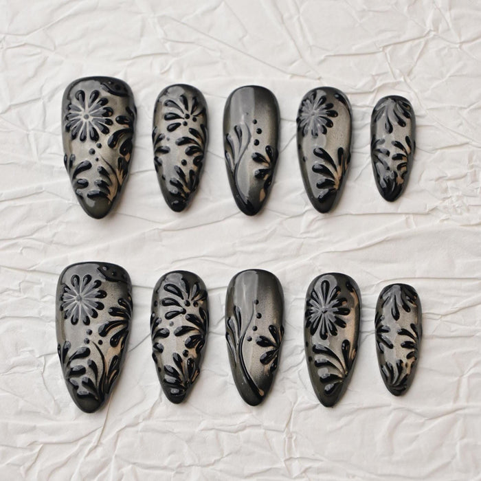 Black and Smoky Silver Gothic Floral Baroque Press On Nails