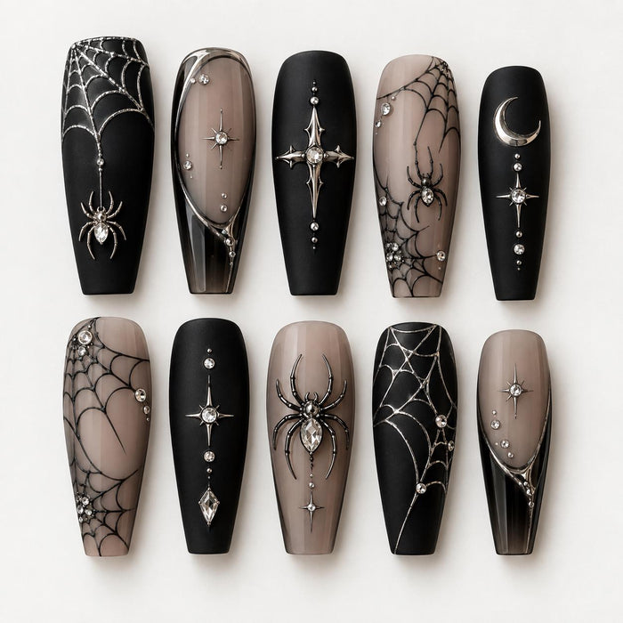 Black and Taupe Gothic Spiderweb Press-On Nails with Celestial Accents for Halloween