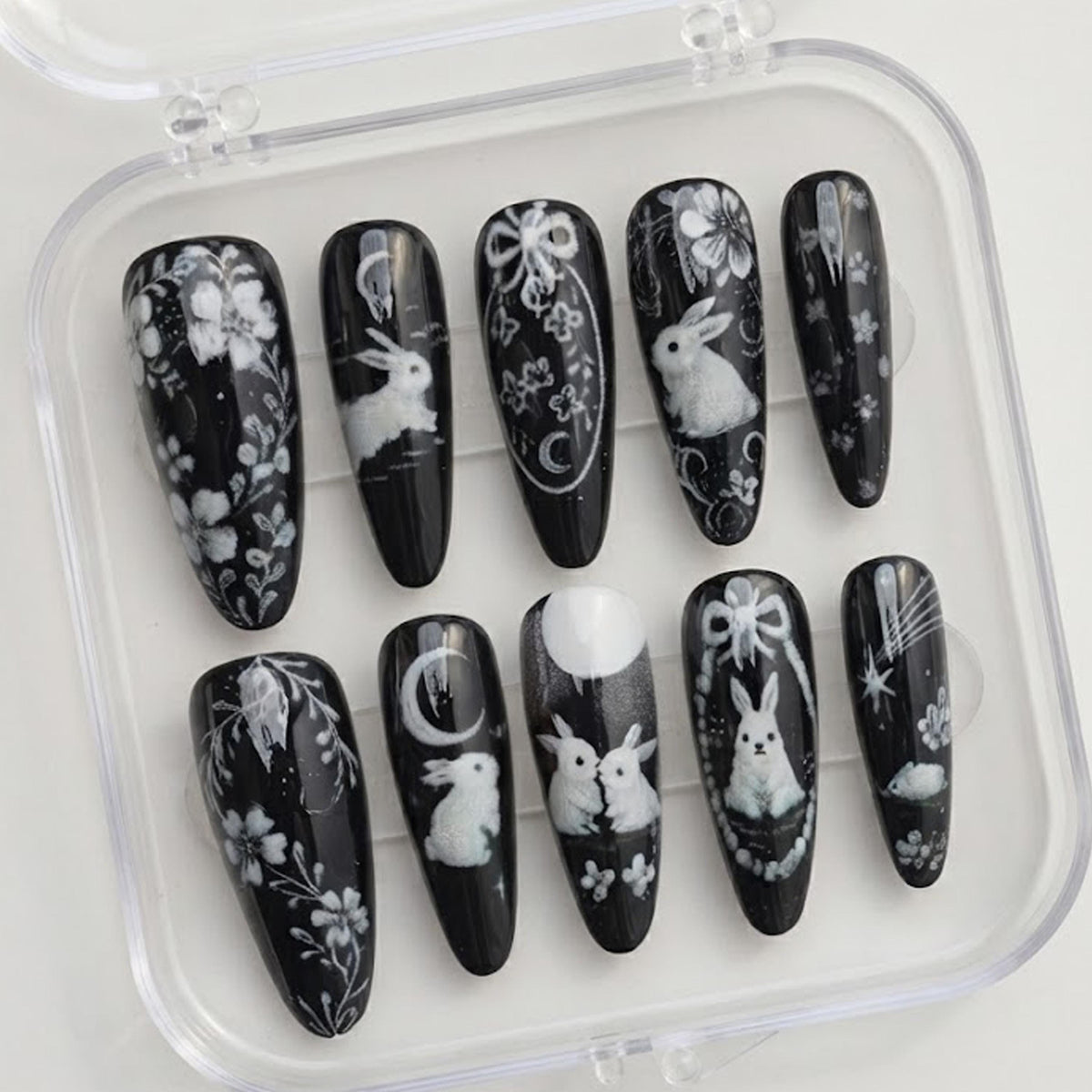 Black and White Bunny Moon Floral Gothic Nail Set