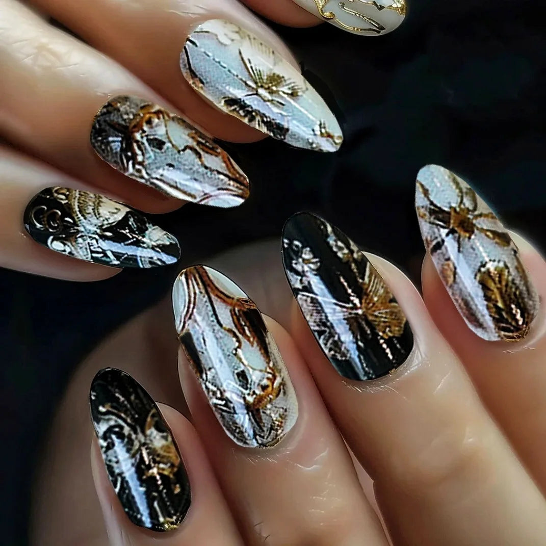Black and White Butterfly Wing and Feather Nail Set With Gold and Silver Accents