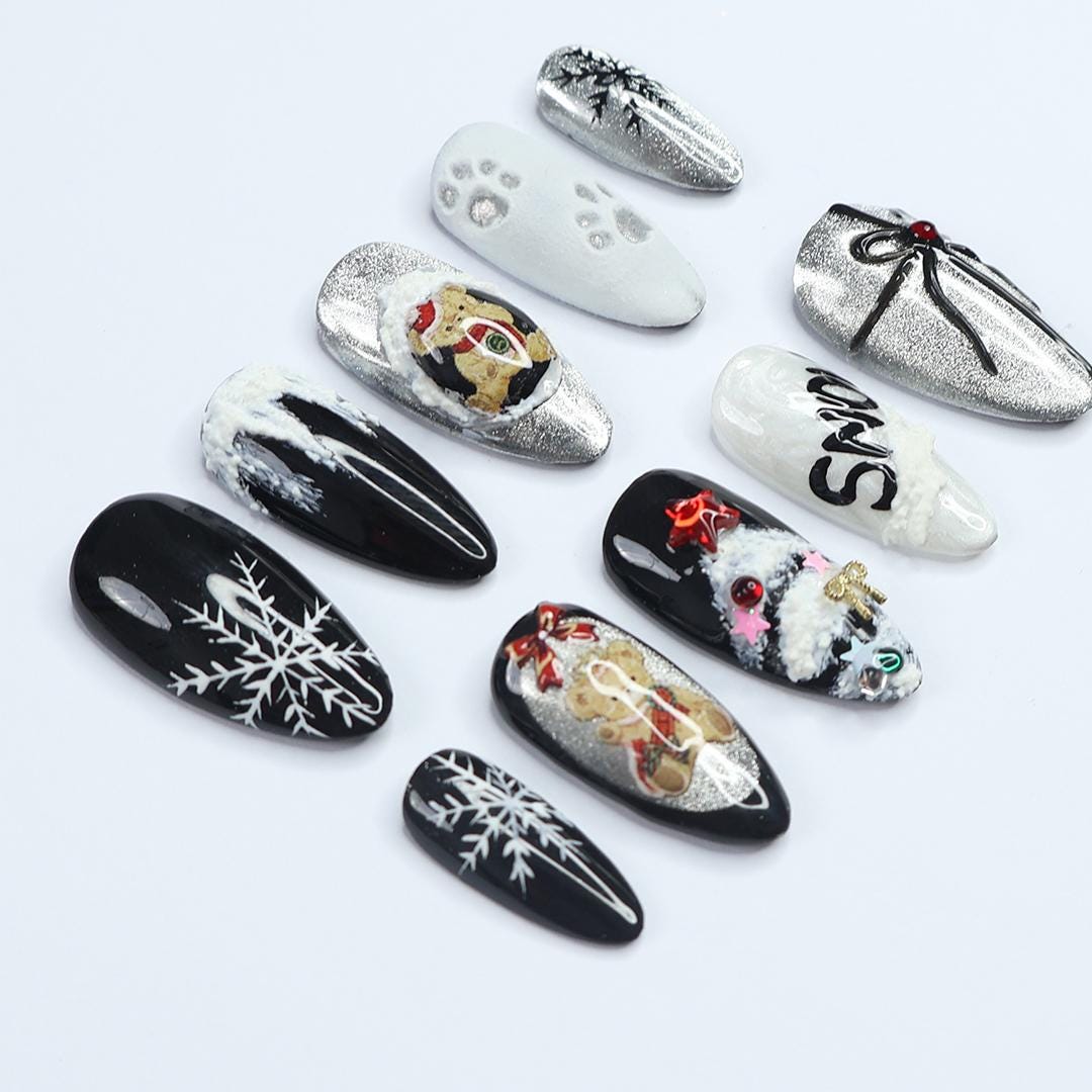 Black and White Christmas Nails with Snowflakes, Silver Glitter and Festive Figures