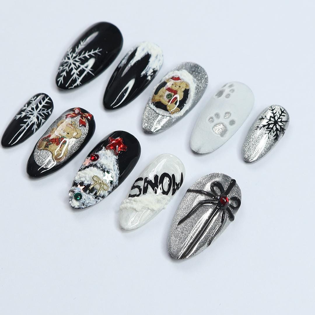 Black and White Christmas Nails with Snowflakes, Silver Glitter and Festive Figures