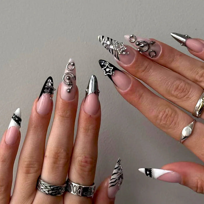 Black and White Chrome French Tip Press On Nails With Stars and Charms