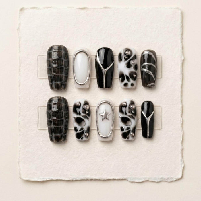 Black and White Cow Print Chrome Press On Nail Set