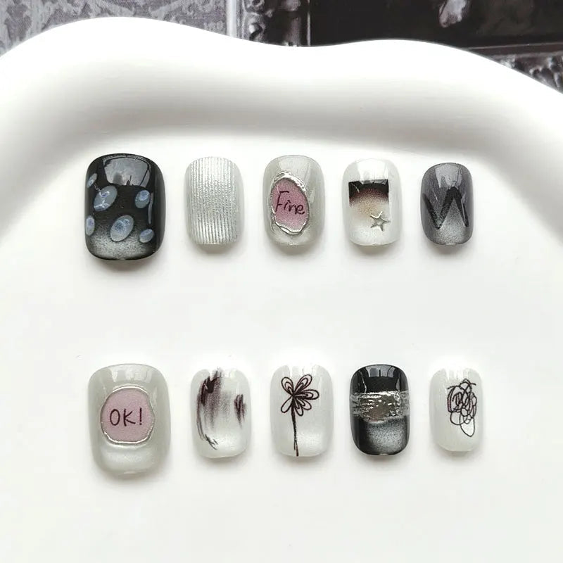 Black and White Doodle Cat Eye Press On Nails with Pink Speech Bubbles
