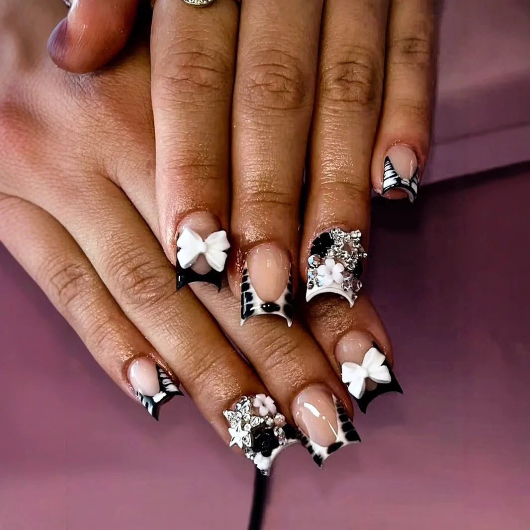Black and White French Tip Bow Nails with 3D Bows and Rhinestones
