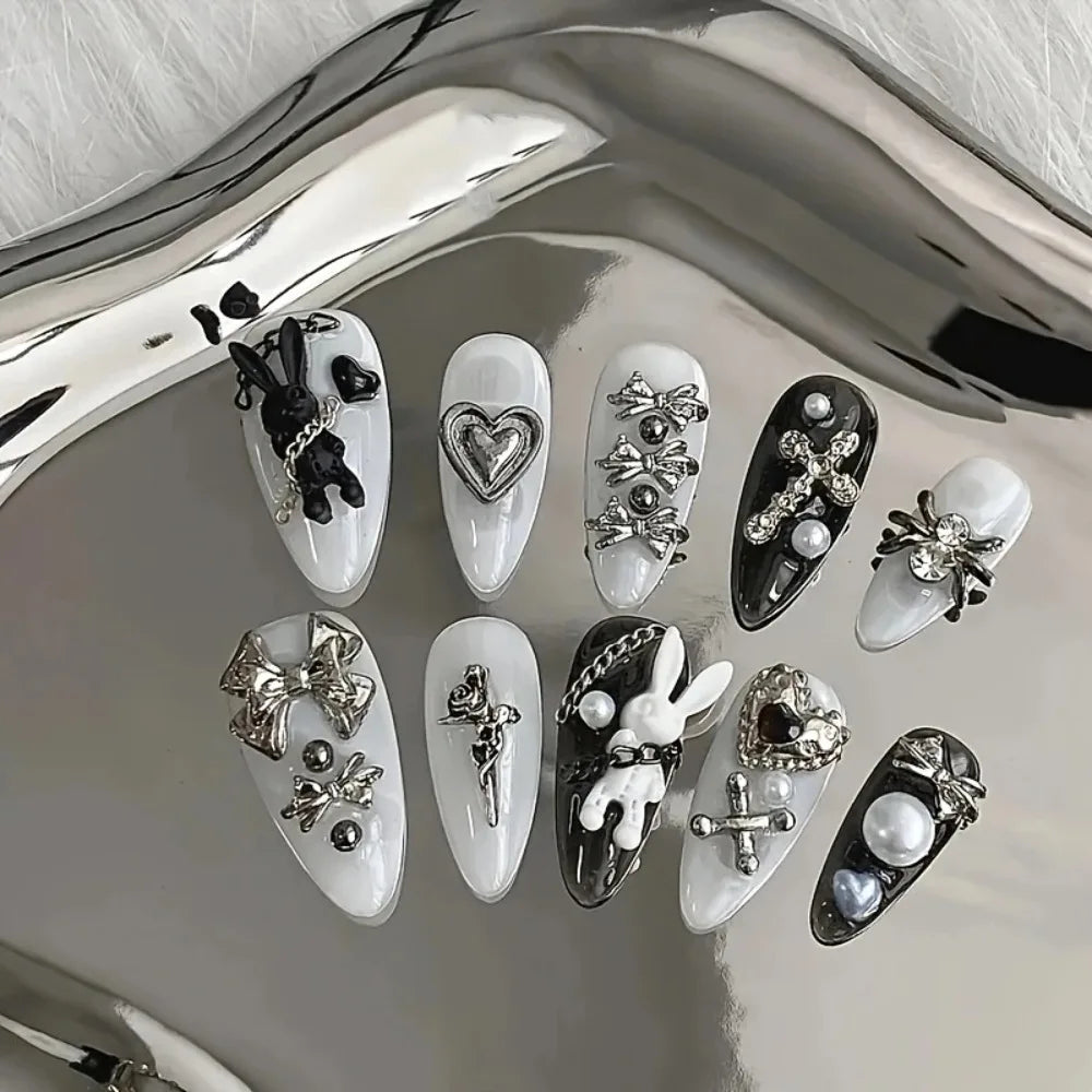Black and White Gothic Bunny Bow Nails with Silver-Tone Charms