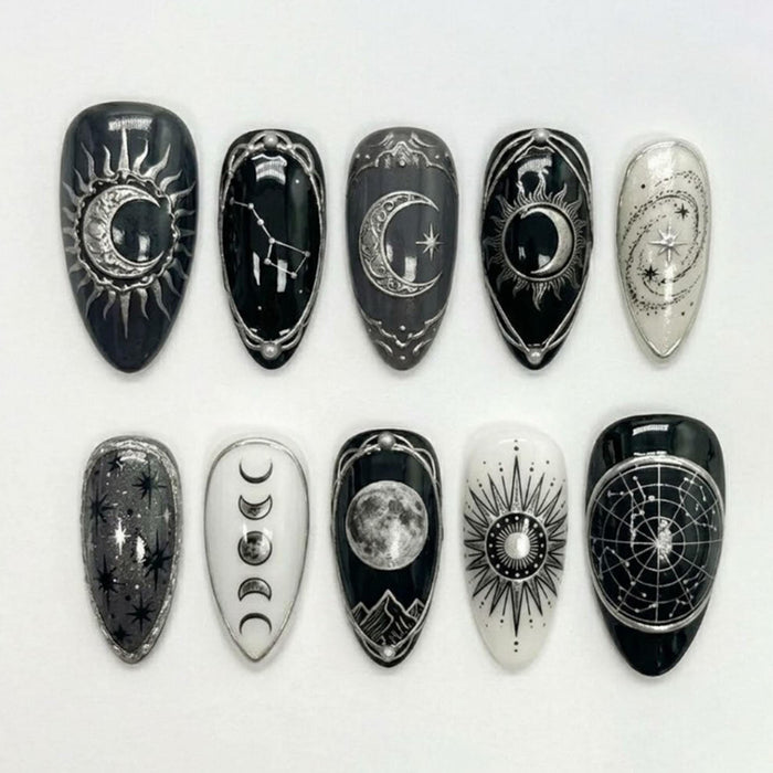Black and White Gothic Celestial Press On Nails with Moon, Sun and Constellation Art