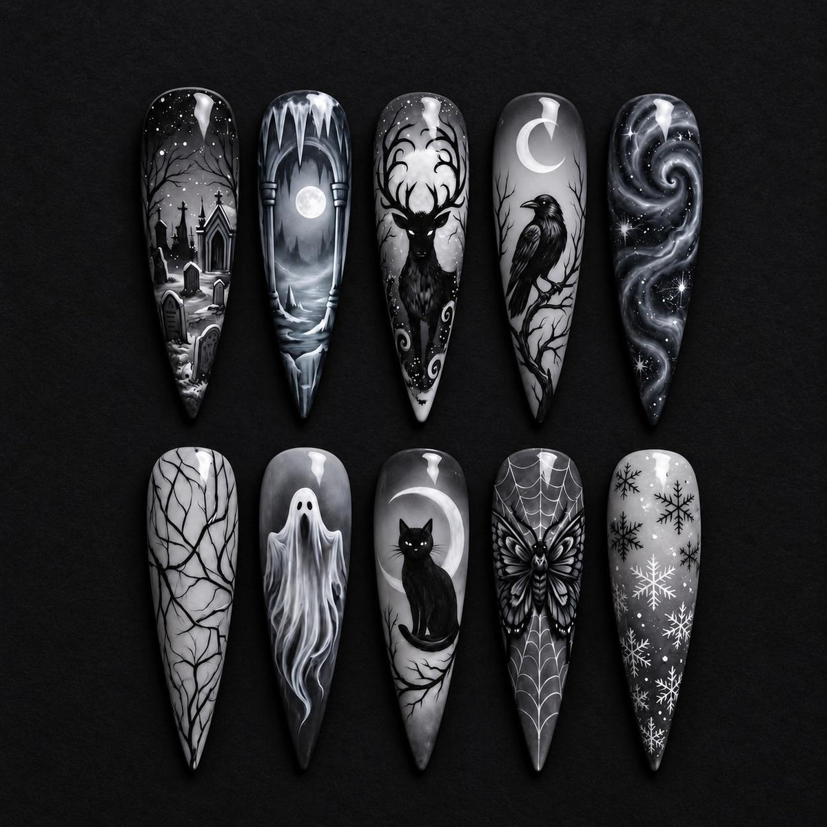 Black and White Gothic Halloween Nail Set With Cemetery, Raven and Ghost Art