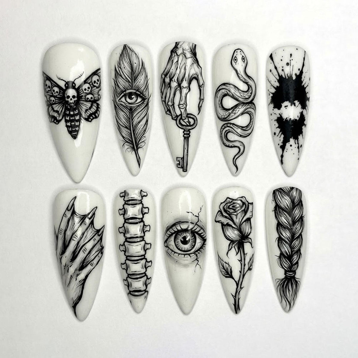 Black and White Gothic Tattoo Art Press On Nail Set