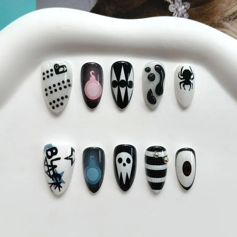 Black and White Halloween Nails with Skulls, Spider and Shimmer Accents