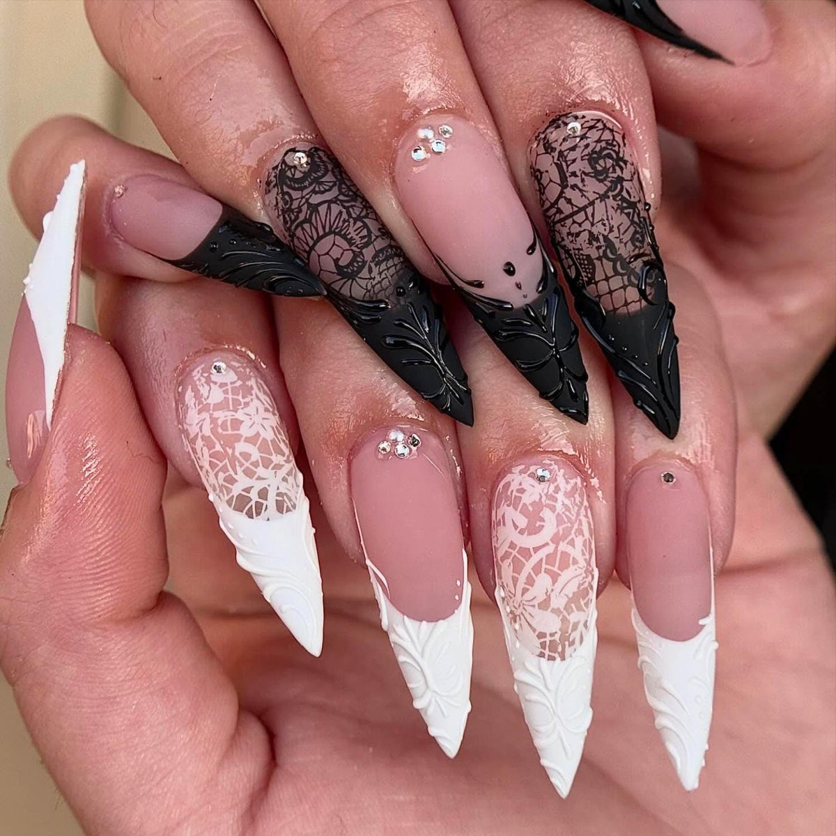 Black and White Lace Gothic Halloween French Tip Nail Set With Rhinestones