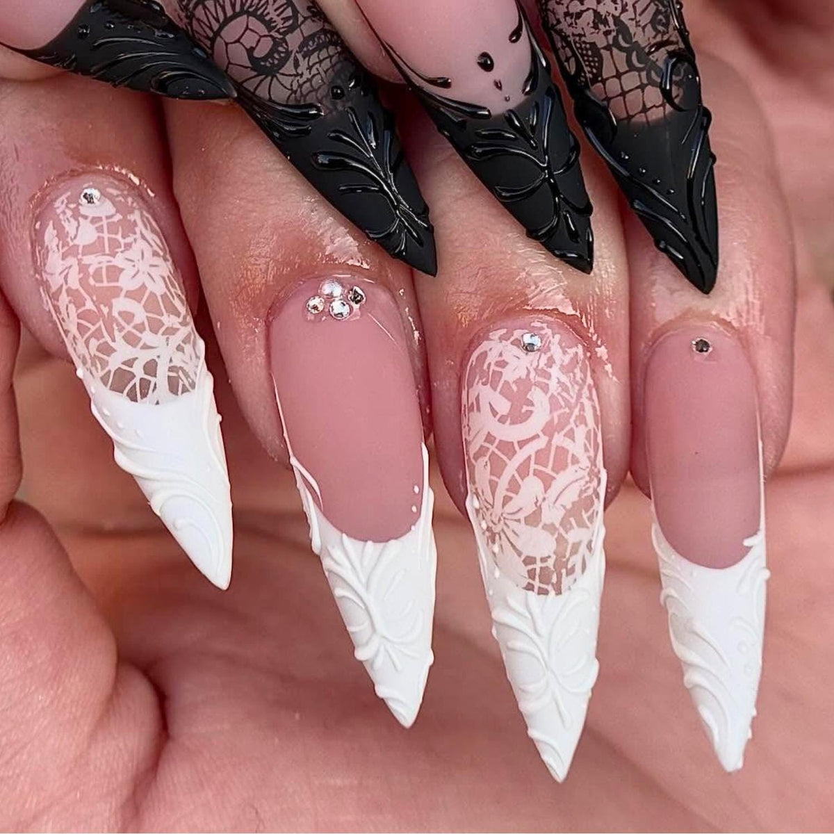 Black and White Lace Gothic Halloween French Tip Nail Set With Rhinestones