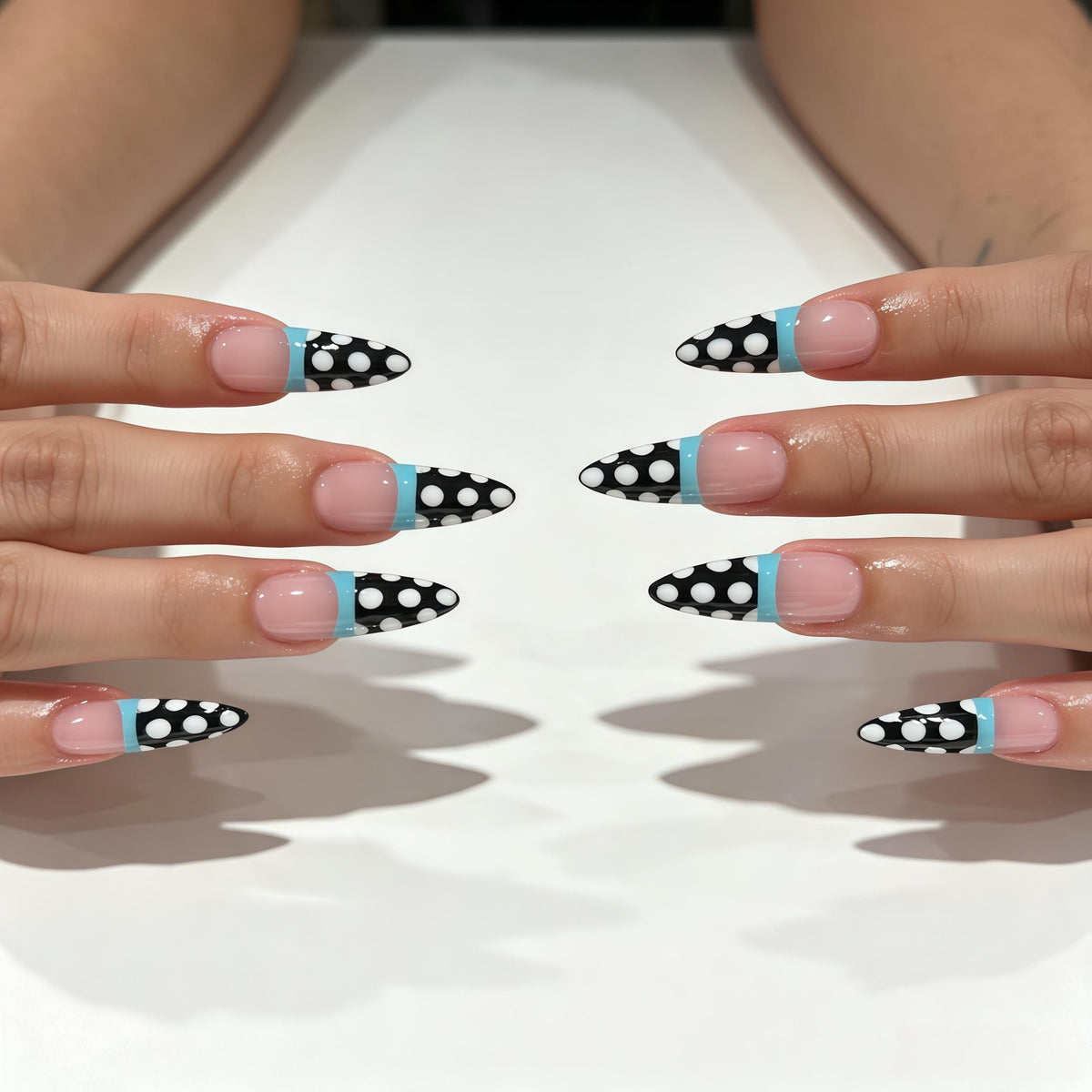 Black and White Polka Dot French Tip Nails with Turquoise Blue Borders