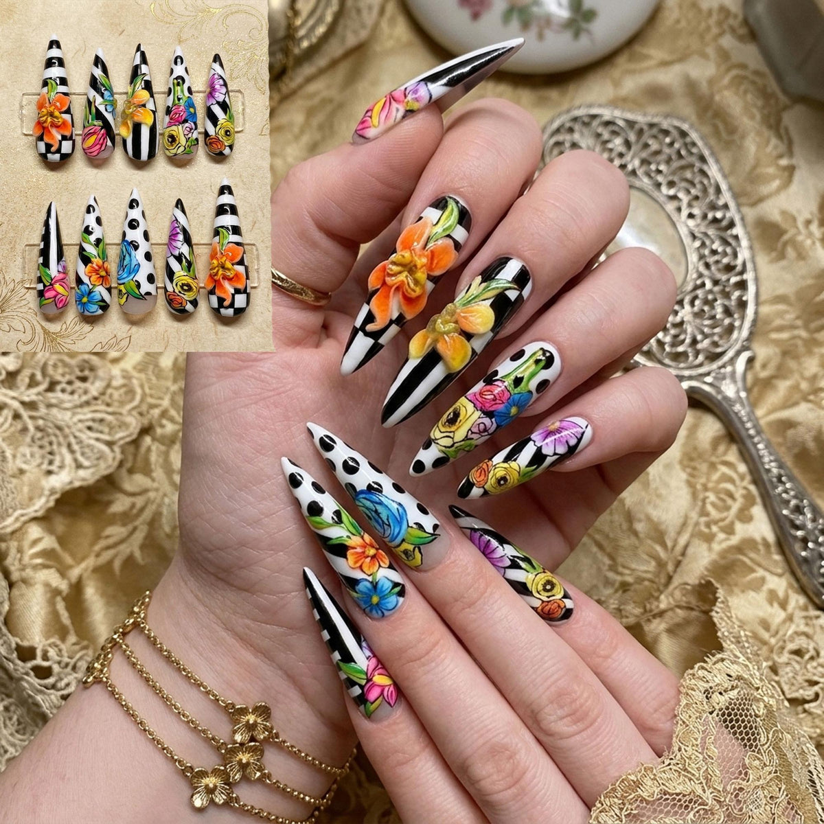 Black and White Striped Floral Press-On Nails with Polka Dots and 3D Flowers