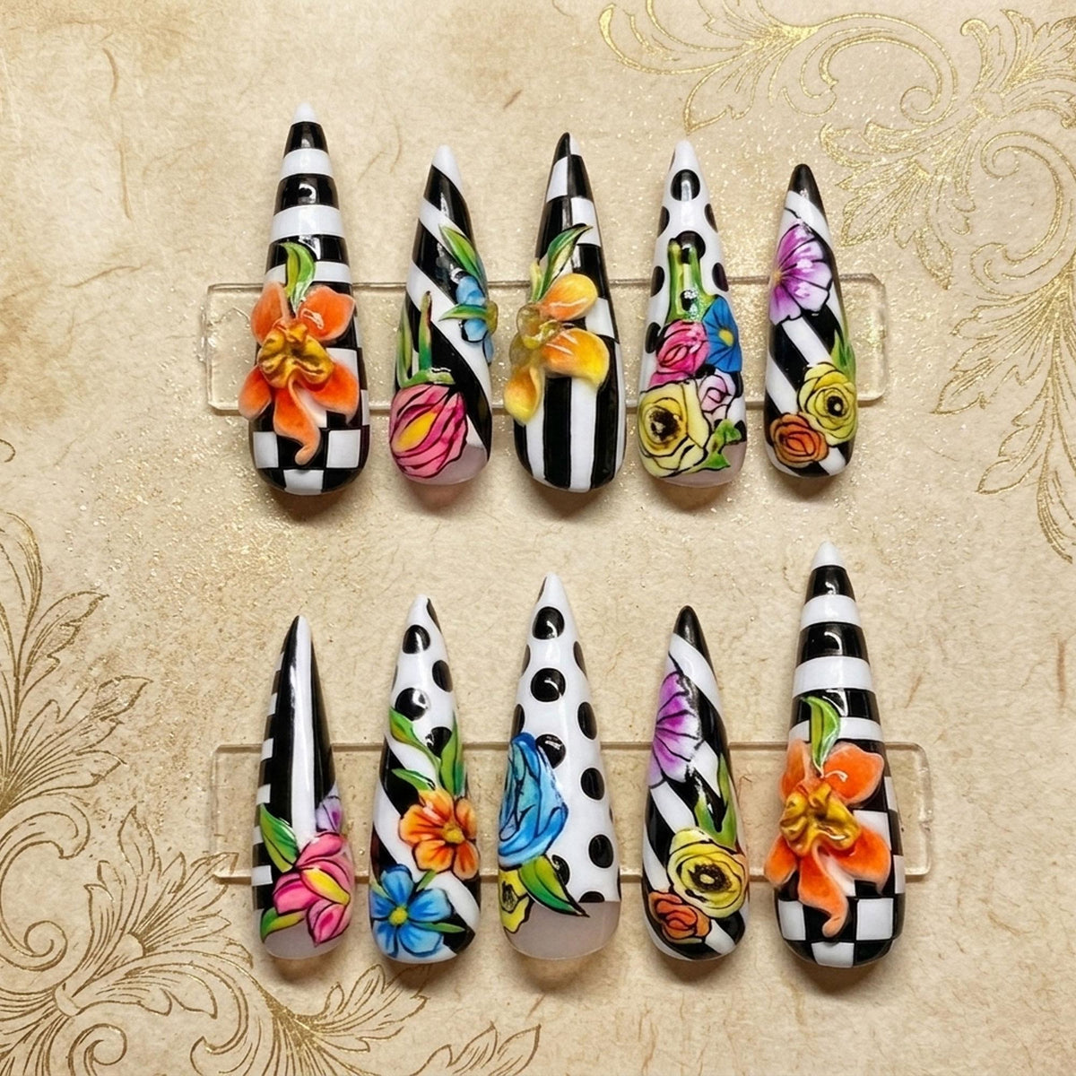 Black and White Striped Floral Press-On Nails with Polka Dots and 3D Flowers