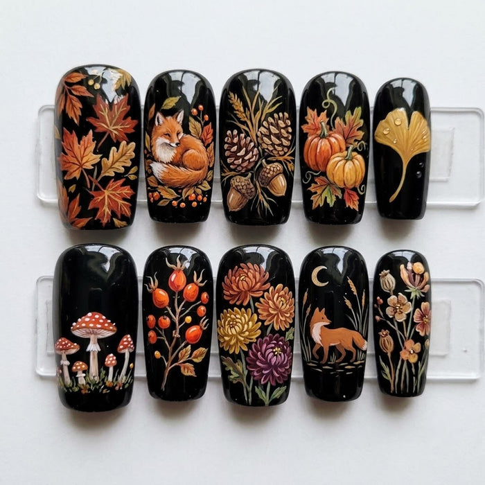 Black Autumn Woodland Press On Nail Set With Fox, Pumpkins, Mushrooms and Leaves