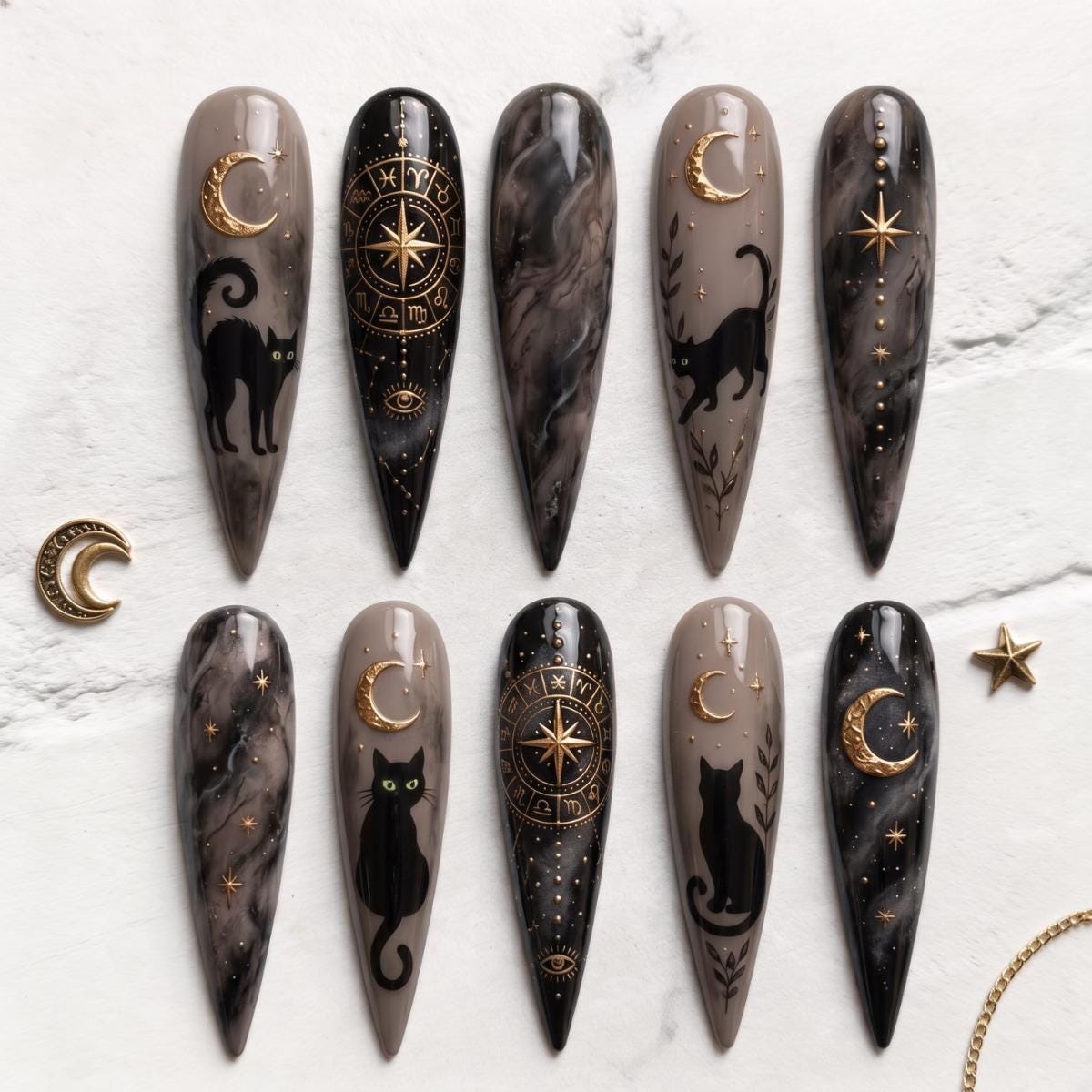 Black Cat and Crescent Moon Celestial Marble Nail Set