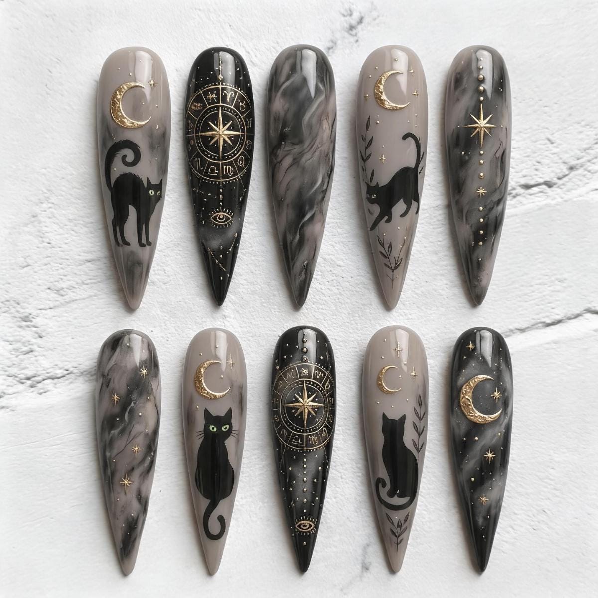 Black Cat and Crescent Moon Celestial Marble Nail Set