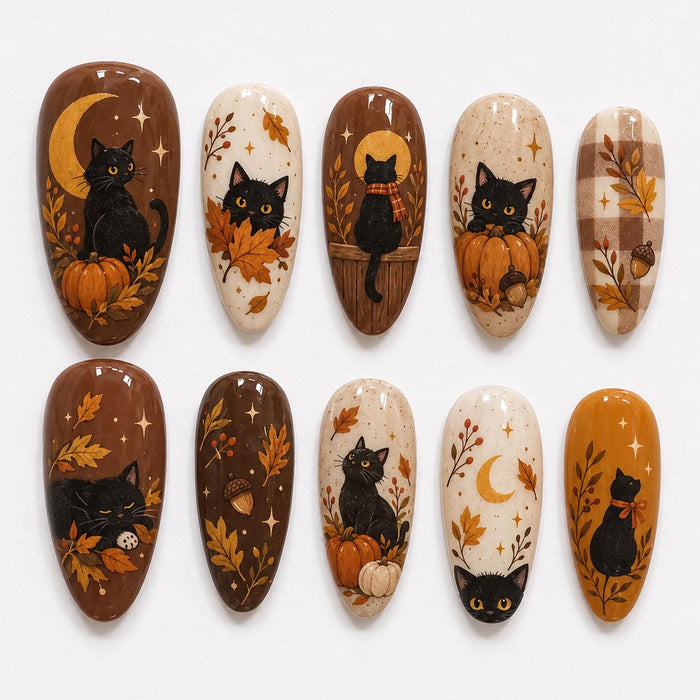 Black Cat and Pumpkin Autumn Press On Nail Set