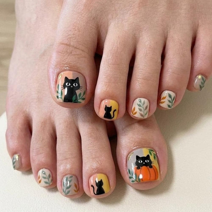 Black Cat and Pumpkin Autumn Press On Toenails with Leafy Sprigs
