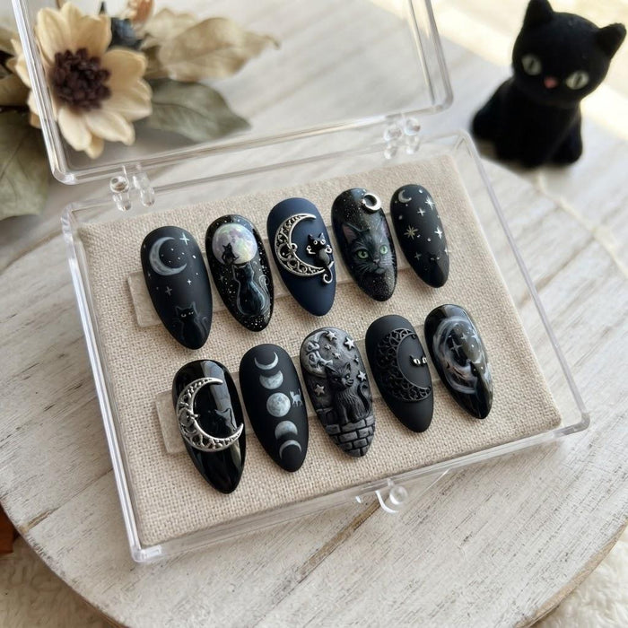 Black Cat and Silver Moon Halloween Celestial Press On Nail Set
