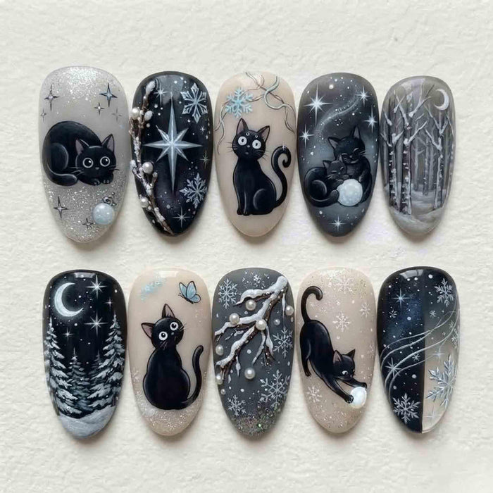 Black Cat and Snowflake Winter Press On Nail Set with Silver Stars