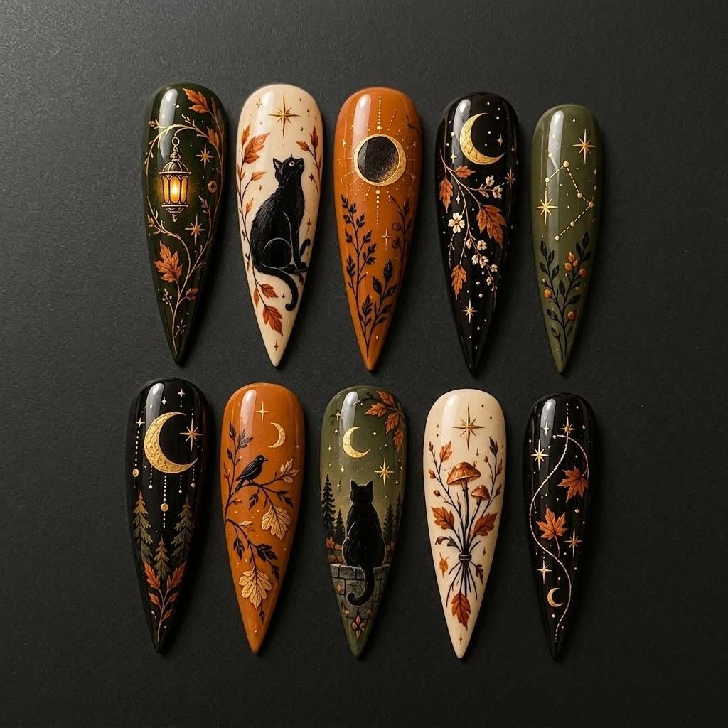 Black Cat Celestial Fall Nails with Moons, Stars and Autumn Foliage