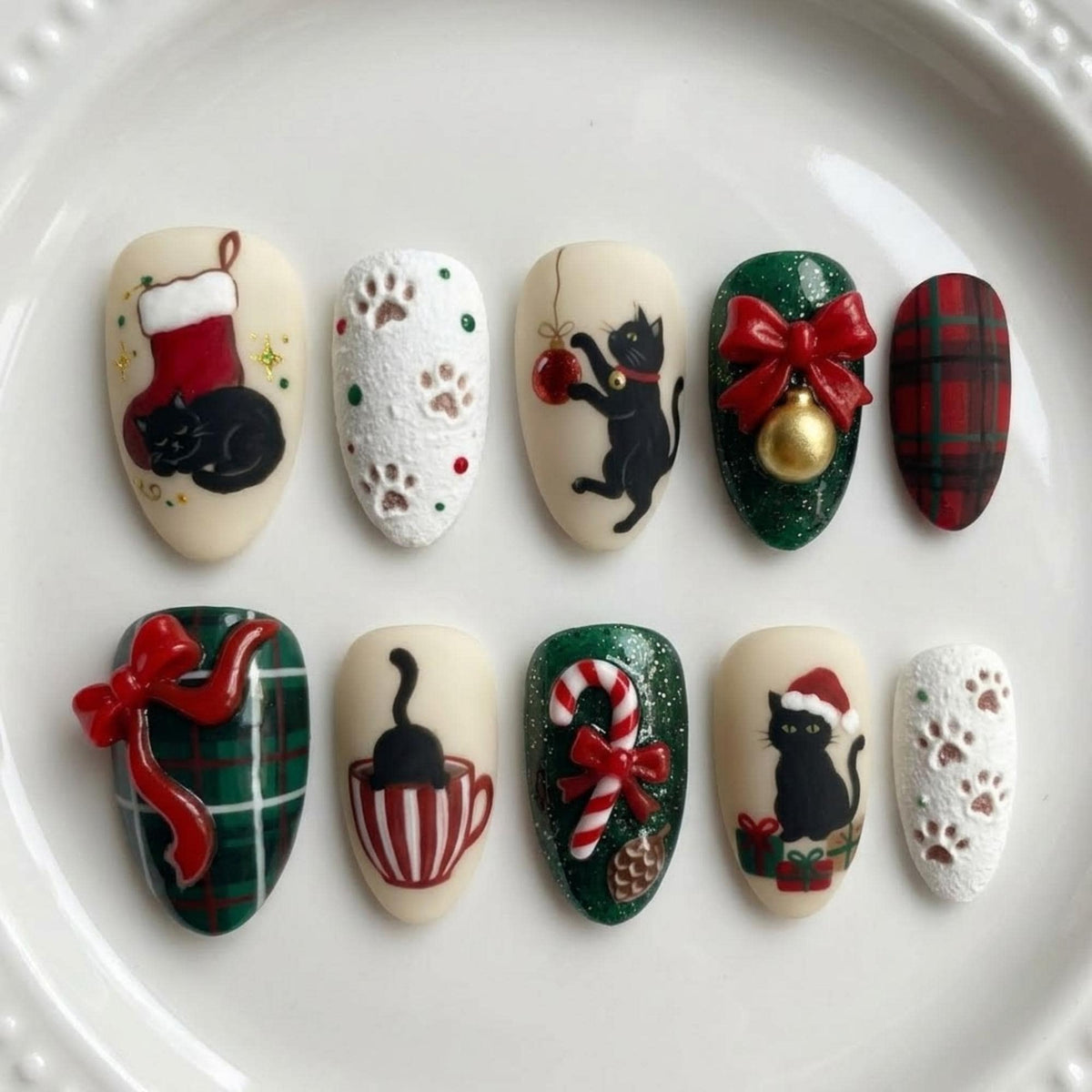 Black Cat Christmas Nail Set With Plaid, Candy Cane and 3D Bows