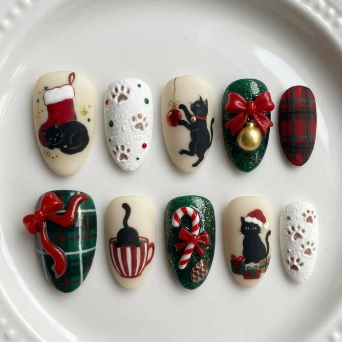 Black Cat Christmas Press On Nail Set With Plaid, Candy Cane and 3D Bows