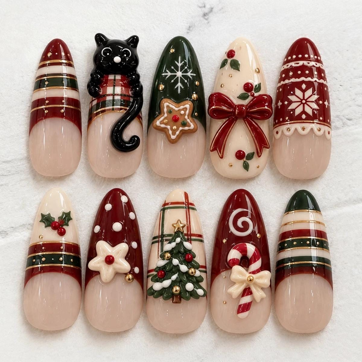 Black Cat Christmas Nails With Plaid, Bows, Snowflakes & 3D Holiday Details