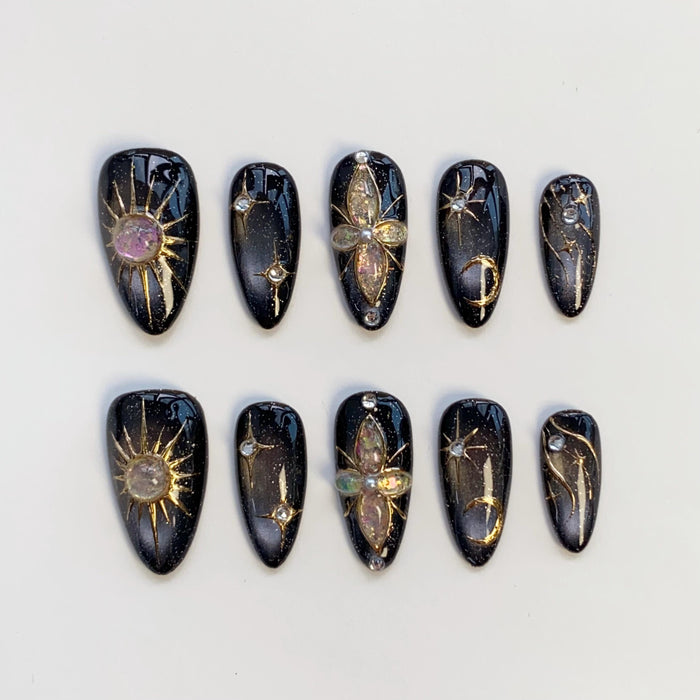 Black Cat Eye Press On Nails With Gold Celestial Details and Gemstone Charms